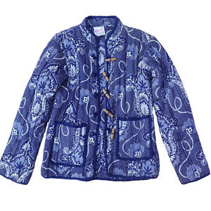 Vtg Chandni Boho Floral Quilted Jacket Women’s M Blue White Frog Button Indie